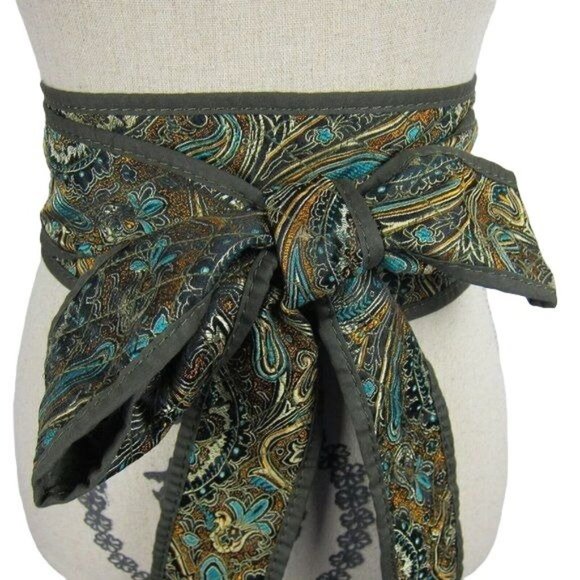 Chico's Boho Paisley & Quilted Olive Green REVERSIBLE Obi Wrap Belt Size S NEW - Picture 2 of 9
